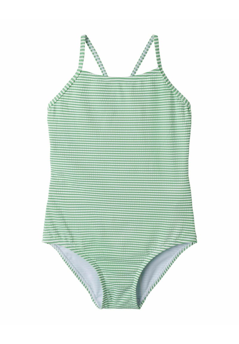 Maillot de bain une pièce à rayures vertes avec fines bretelles, présentant un motif horizontal dans différentes nuances de vert et de gris. Texture douce et lisse.