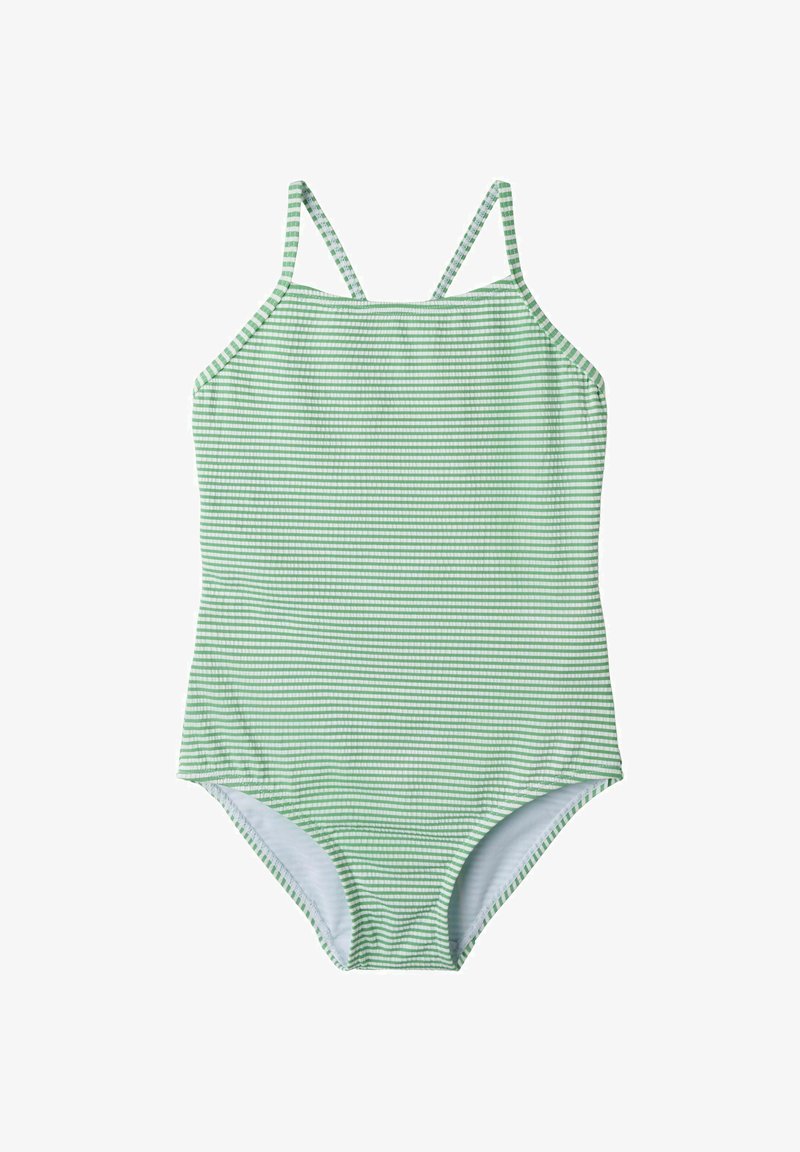 Maillot de bain une pièce à rayures vertes avec fines bretelles, présentant un motif horizontal dans différentes nuances de vert et de gris. Texture douce et lisse.
