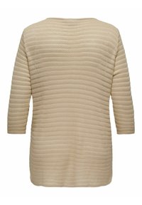 Béžový top s dlouhým rukávem, který se vyznačuje texturovaným, žebrovaným designem s horizontálními pruhy. Široký výstřih a rukávy střední délky. Měkký, lehký materiál.