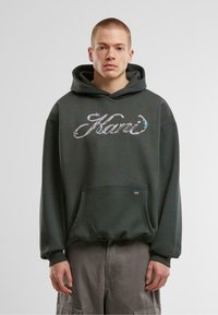 Dark green hoodie made of soft fabric, featuring a large metallic silver logo on the front, front pocket, and drawstring hood.