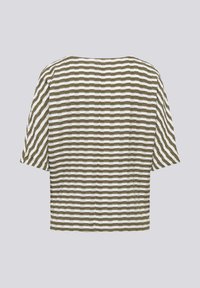 Striped shirt with short sleeves, featuring alternating olive green and white horizontal lines, a relaxed fit, and a rounded neckline.