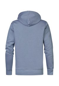 Modrá mikina s kapucí z měkké látky, s kapucí na šňůrku, dlouhými rukávy a žebrovanými lemy. Jednoduchý, bezešvý zadní design.