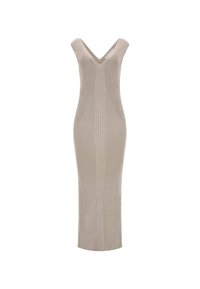 Robe longue en maille côtelée beige avec un décolleté en V, une silhouette ajustée et un ourlet droit. La texture offre une finition subtile et extensible.