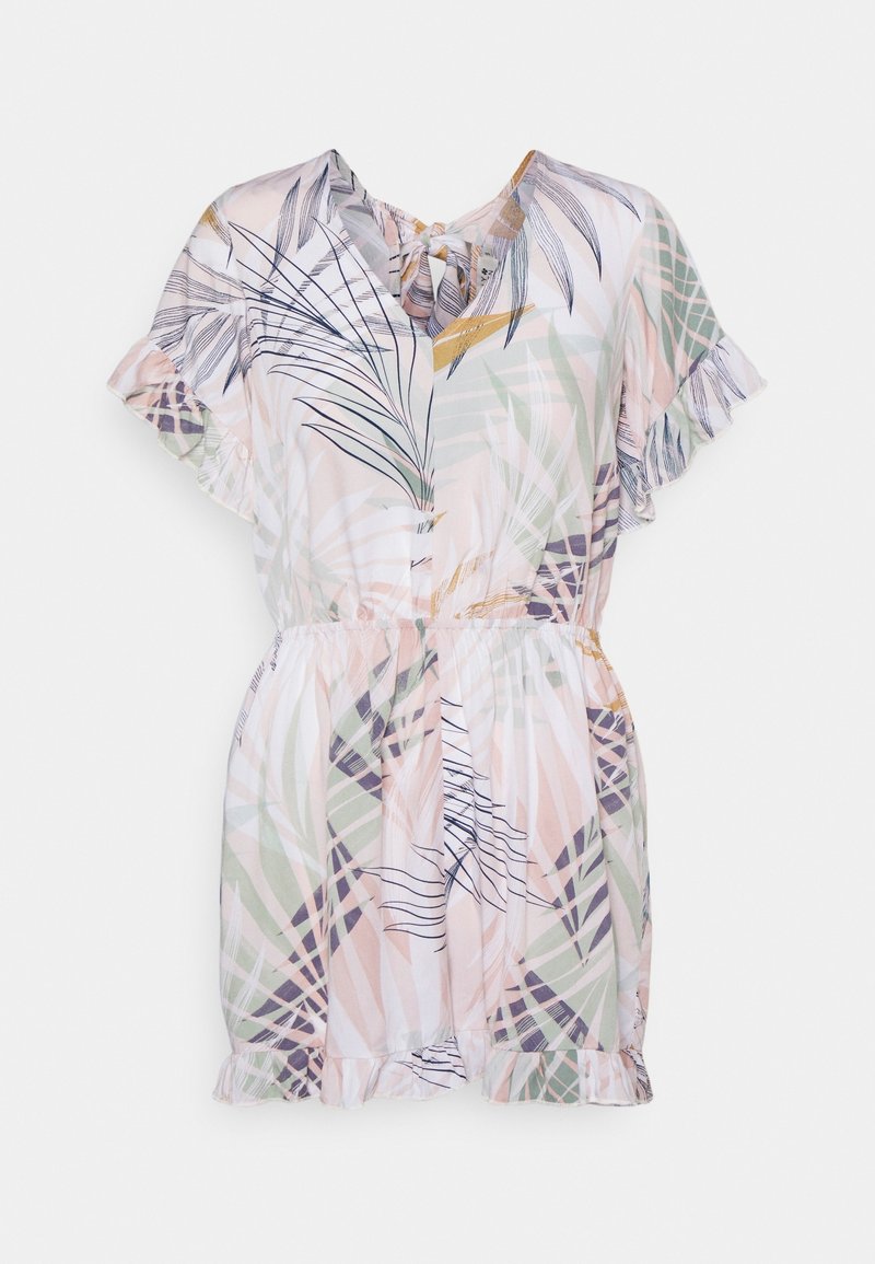 Combinaison à manches courtes en tissu léger, avec un motif pastel de feuilles de palmier, taille élastique et ourlet volanté. Boutonnage sur le devant.