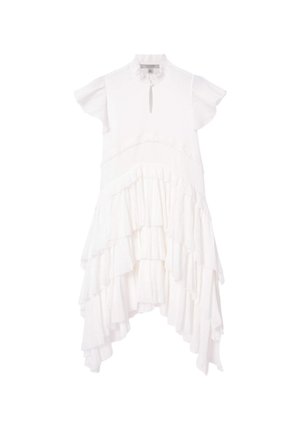 Hvid bomulds kjole med korte flagrende ærmer, høj halsudskæring og nøglehul detaljer. Har lagdelte flæser ved kanten og tekstureret stof.