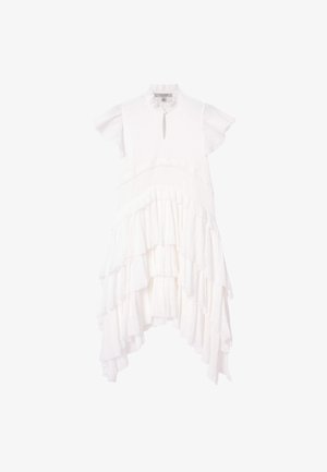 Weißes Baumwollkleid mit kurzen Flatterärmel, hohem Ausschnitt und Schlitzdetail. Verfügt über geschichtete Rüschen am Saum und strukturierte Stoff.