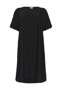 Vestito nero a maniche corte con una vestibilità rilassata, scollatura rotonda e maniche a sbuffo arricciate. Realizzato in tessuto leggero con una texture liscia.