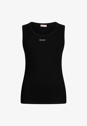 Débardeur noir sans manches en tissu côtelé avec encolure ronde et petit logo blanc "LIU JO" centré sous le col.