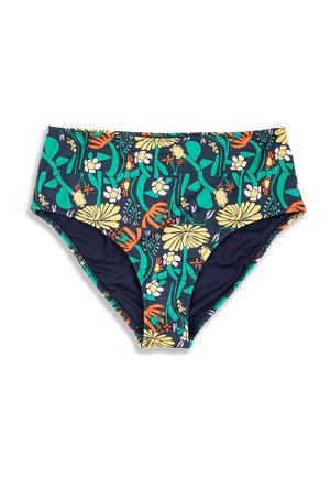Bas de bikini taille haute couleur marine avec imprimé floral coloré comprenant des feuilles vertes, des fleurs orange, jaunes et blanches.