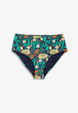 Bas de bikini taille haute couleur marine avec imprimé floral coloré comprenant des feuilles vertes, des fleurs orange, jaunes et blanches.