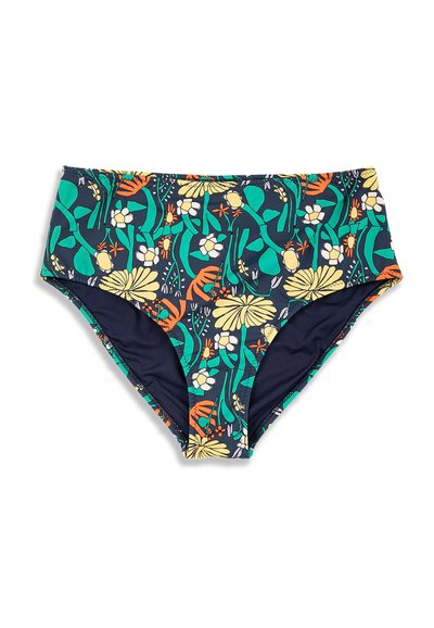 Bas de bikini taille haute couleur marine avec imprimé floral coloré comprenant des feuilles vertes, des fleurs orange, jaunes et blanches.