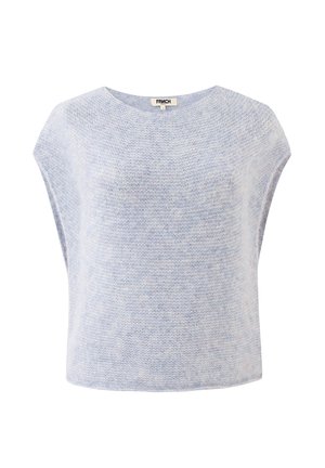 Pull tricoté bleu clair à manches courtes avec un large col rond et une coupe décontractée, étiqueté "Frnch" à l'intérieur du col.