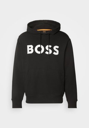 Črna kapuca s kapuco, izdelana iz bombažne mešanice, z velikim belim logotipom "BOSS" spredaj in kenguru žepom na pasu.