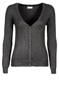 Dunkelgraue Strickjacke mit V-Ausschnitt, langen Ärmeln, Knopfverschluss sowie gerippten Bündchen und Saum. Weiches Material mit glatter Textur.