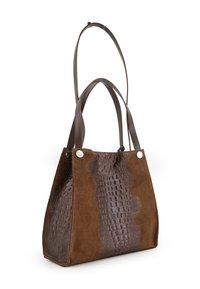 Bruine handtas met een combinatie van suede en krokodillen-embossed leer, voorzien van zilverkleurige hardware en dubbele schouderbanden.