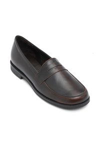 Μαύρο δερμάτινο loafer χωρίς κορδόνια με χαμηλό τακούνι, στρογγυλεμένη μύτη και διακοσμητικό λουράκι στο πάνω μέρος.