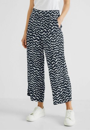 Navy and white patterned wide-leg pants with zigzag print, made of lightweight fabric, featuring side pockets and a relaxed fit.
