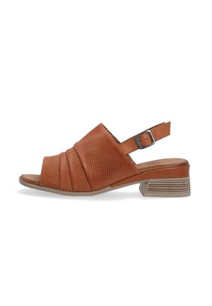 Brown perforated leather sandal with a slingback strap, low block heel, and horizontal pleats on the front.