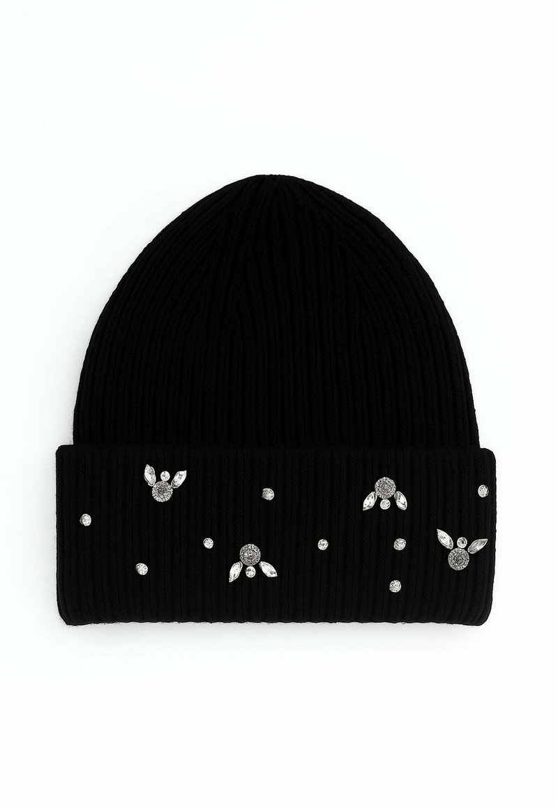 Cappello a cuffia nero in maglia a coste con risvolto decorato con piccoli ornamenti floreali e a puntini in cristallo argento e trasparente.