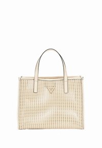 Beige geflochtene Tragetasche mit zwei Griffen, versehen mit einem dreieckigen Logo und einem strukturierten Muster auf der Vorderseite. Glatte Kanten und strukturiertes Design.