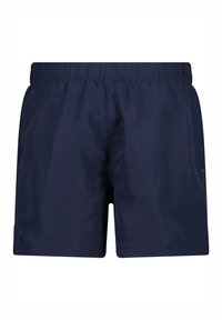 Marinblå simshorts med resår i midjan, sidofickor och en slät, lätt tygtextur.