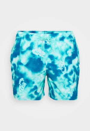 Turkiozo spalvos raištinė maudymosi šortai su elastingu juosmeniu, priekyje su raišteliu ir baltais Nike logotipo akcentais. Lengva ir švelni medžiaga.