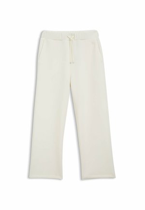 Pantalon décontracté couleur crème avec taille élastique et cordon, comprenant des poches latérales et une coupe droite.