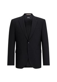 Blazer nero su misura con chiusura a un bottone, rever a punta, due tasche frontali e una texture sottile. Interno foderato con un tessuto a motivi.