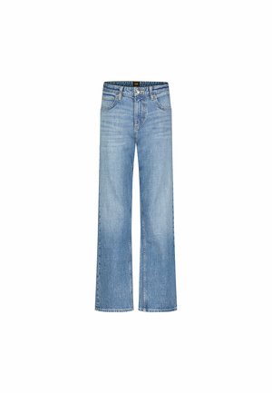 Jasnoniebieskie dżinsy o szerokich nogawkach, wykonane z denimu, charakteryzujące się wysokim stanem, detalami przeszycia, pięcioma kieszeniami oraz zapięciem na guzik z przodu.