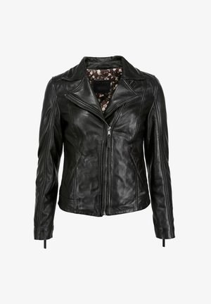 Schwarze Lederbikerjacke mit taillierter Passform, asymmetrischem Reißverschluss und floral gemusterter Fütterung. Merkmale sind ausgeprägte Nähte und eine verkürzte Länge.