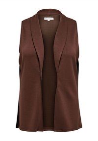 Brown sleeveless vest with an open front design, made of soft, smooth fabric. Features a shawl collar and side slits for ease of movement.