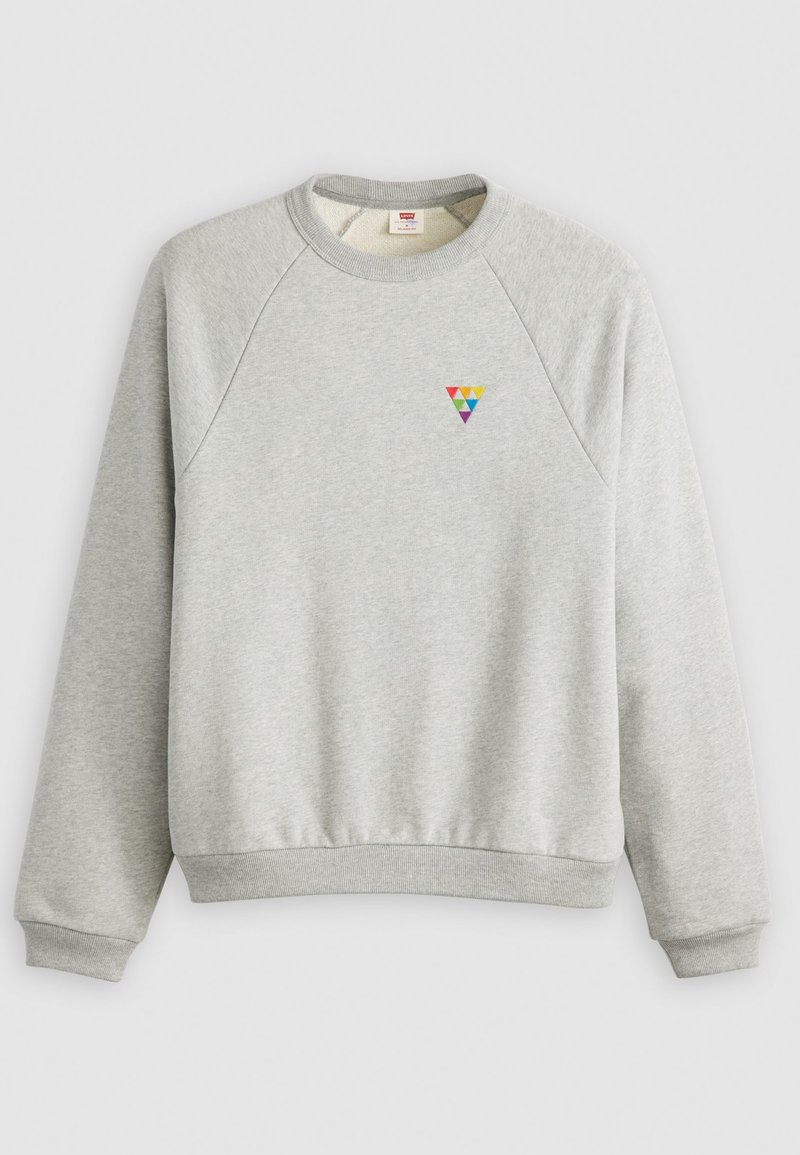 Sudadera gris con cuello redondo y mangas raglán. Presenta un logo triangular multicolor en el pecho. Material suave y texturizado.