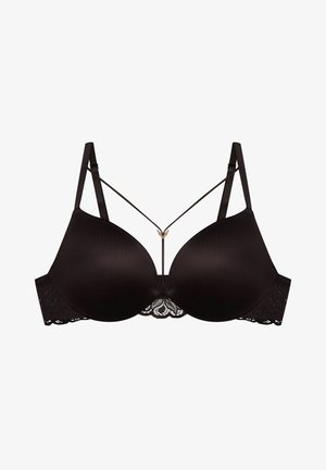 Czarny biustonosz z uformowanymi miseczkami, koronkowymi detalami na obwodzie, cienkimi regulowanymi ramiączkami i złotym akcentem na środku. Gładka tekstura całości.