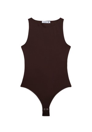Body attillato marrone scuro senza maniche con scollo rotondo e chiusura a bottoni automatici nell'inguine, taglia piccola, etichetta del marchio visibile.