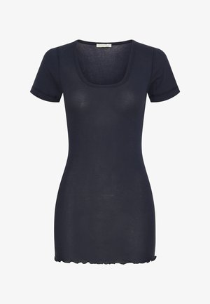 Donkerblauwe top met korte mouwen en een ronde Halslijn, lichtgewicht, gemaakt van zacht, semi-doorschijnend stof, met een scalloped zoom.