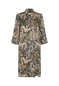 Blumenmuster-Kimono aus weichem Stoff mit einem dunklen Hintergrund und beige-, grün- und rosafarbigen Blättern. Breite Ärmel und ein Kragen-Design.