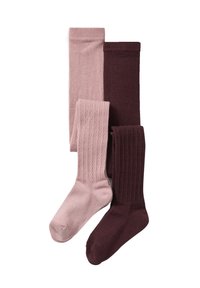 Drei Paar Socken: hellrosa, dunkelrosa und bordeauxrot. Die Paare in dunkelrosa und bordeauxrot haben eine gerippte Textur; die anderen sind glatt.