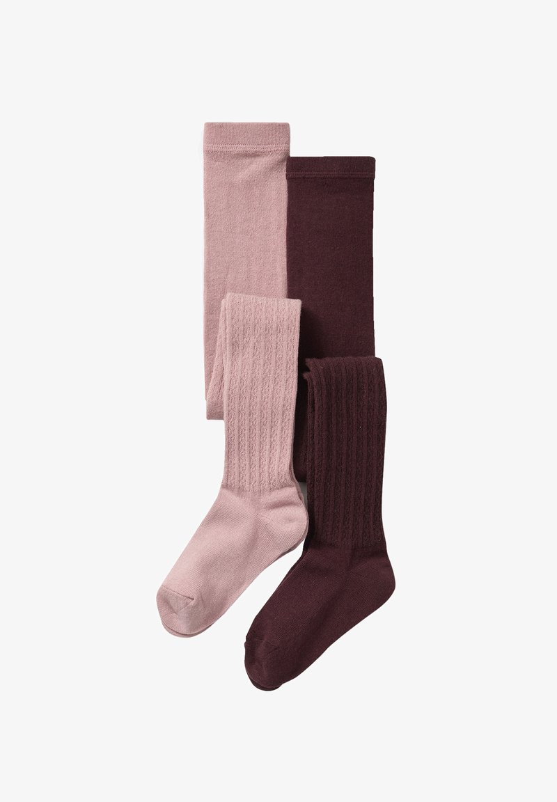 Drei Paar Socken: hellrosa, dunkelrosa und bordeauxrot. Die Paare in dunkelrosa und bordeauxrot haben eine gerippte Textur; die anderen sind glatt.