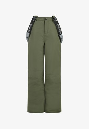 Groene skibroek met een losse pasvorm, gemaakt van gestructureerde stof, met verstelbare zwarte bretels met witte branding en een sluiting met een knop aan de voorkant.