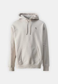 Hoodie aus leichtem beigen Baumwollmaterial mit einer Fronttasche, Kordelzug und einer kleinen grauen Vogelgrafik auf der linken Brust.