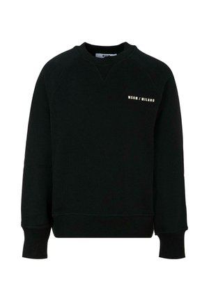 Czarny sweatshirt z okrągłym dekoltem, raglanowymi rękawami, prążkowanymi mankietami i dołem, z wyraźnym białym napisem "MSGM/MILANO" na przodzie.