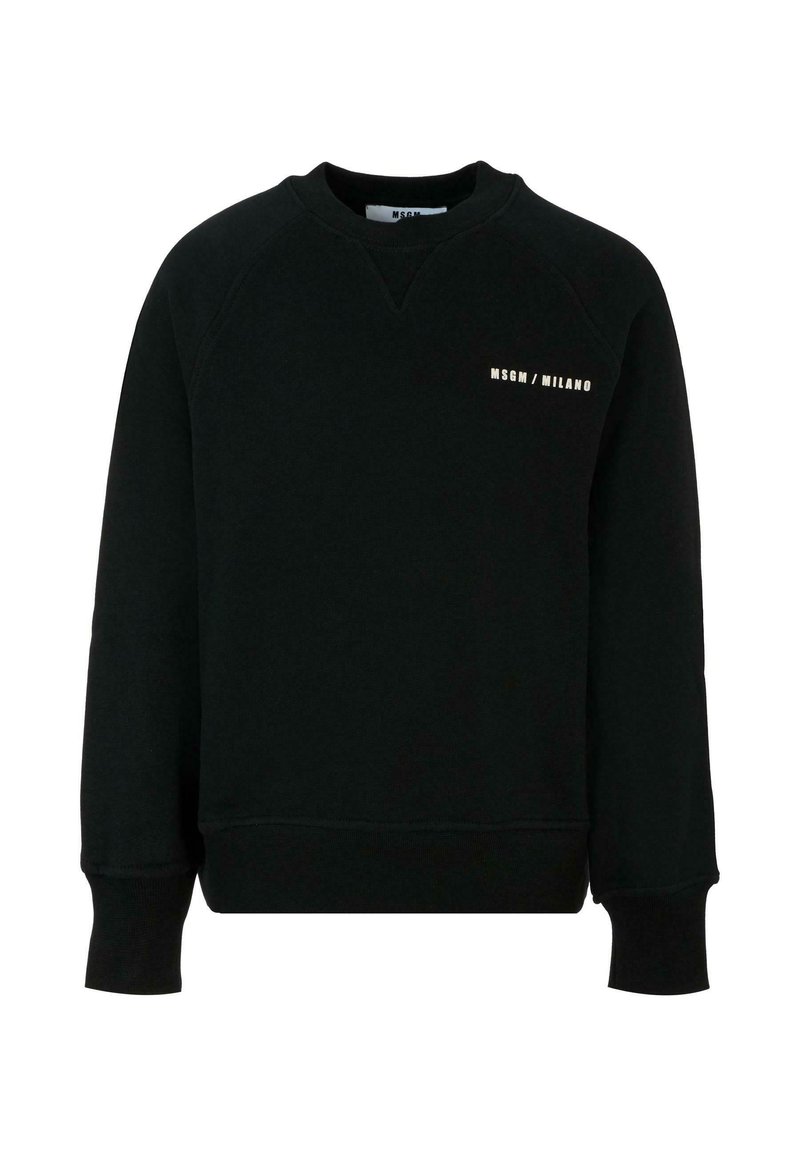 Felpa nera con colletto a girocollo, maniche raglan, polsini e orlo a coste, con il testo bianco audace "MSGM/MILANO" sul davanti.