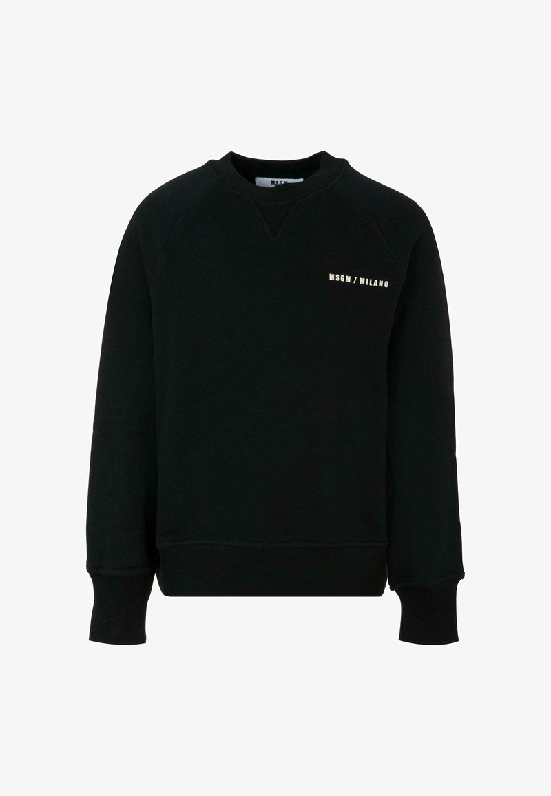 Sort sweatshirt med rund halsudskæring, raglanærmer, ribbede manchetter og kant, med fed hvid tekst "MSGM/MILANO" foran.