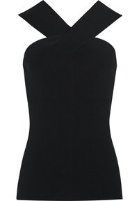 Top de punto acanalado negro con un exclusivo escote halter entrelazado, diseño ceñido y textura suave. Sin hardware visible ni patrones.