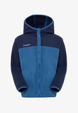 Niebieska i granatowa bluza polarowa z kapturem, zamkiem z przodu, dwoma kieszeniami oraz logo "Mammut" na piersi, zaprojektowana na zimną pogodę.