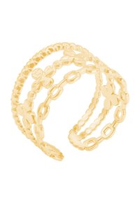 Tre anelli interconnessi realizzati in metallo color oro, con finiture testurizzate e lisce, motivi floreali e diversi design a catena.