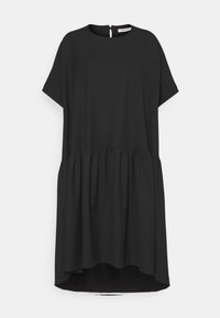 Black short-sleeve loose dress with gathered waist and round neckline, featuring a small back button closure.