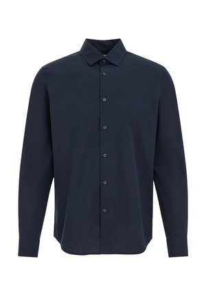 Tamsiai mėlyna ilgomis rankovėmis marškiniai su apvalia apykakle, priekyje užsegami mygtukais ir rankogaliais, atvaizduoti ant balto fono.