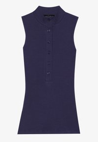 Top sin mangas de canalé púrpura con cuello alto, que cuenta con una tapeta de botones en el frente y una silueta ajustada.