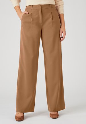 Pantaloni a gamba larga in un caldo tessuto marrone con una texture liscia, caratterizzati da pieghe frontali e tasche laterali, abbinati a tacchi marroni.